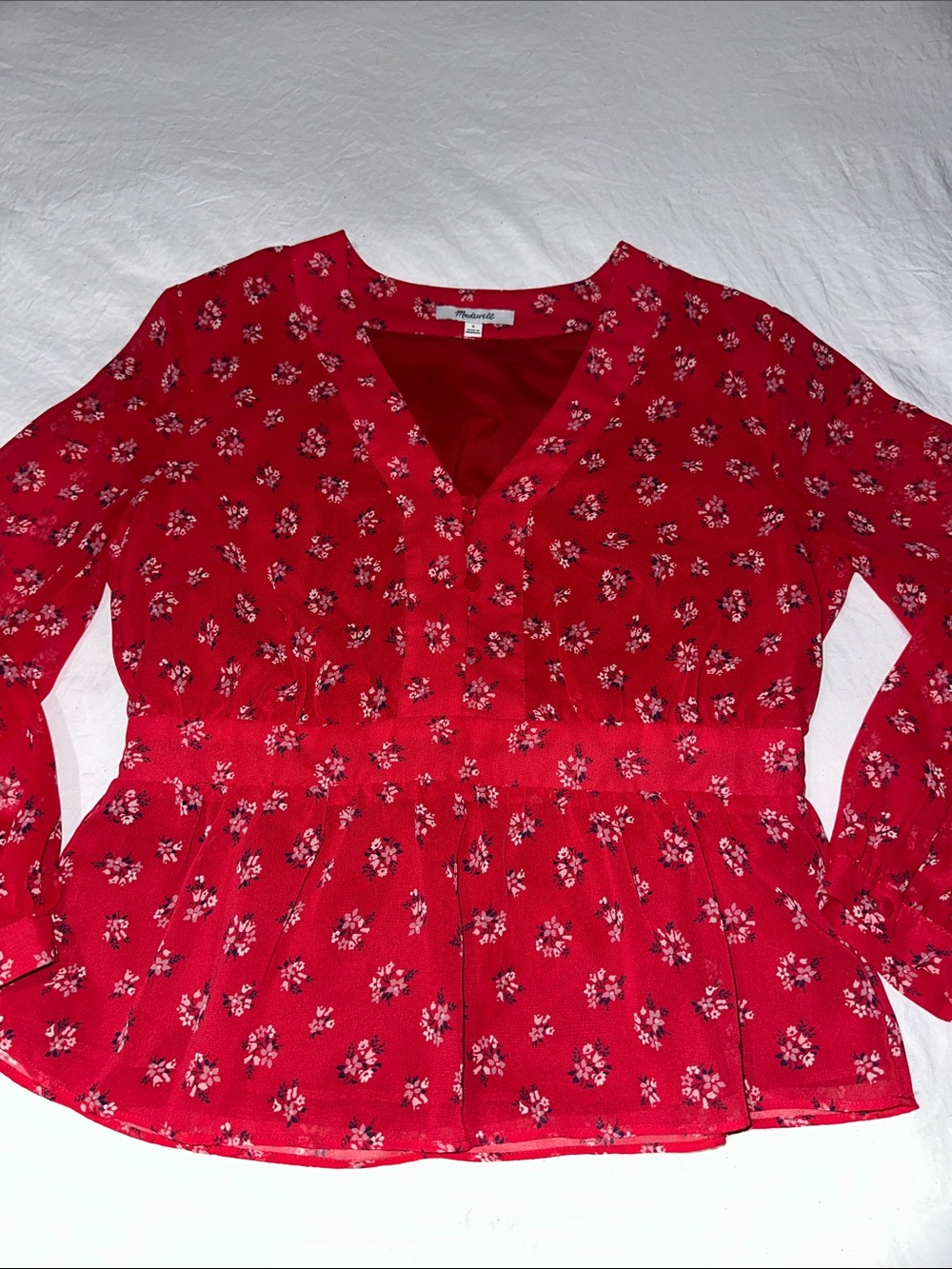 Madewell Red Floral Peplum V‑Neck Blouse